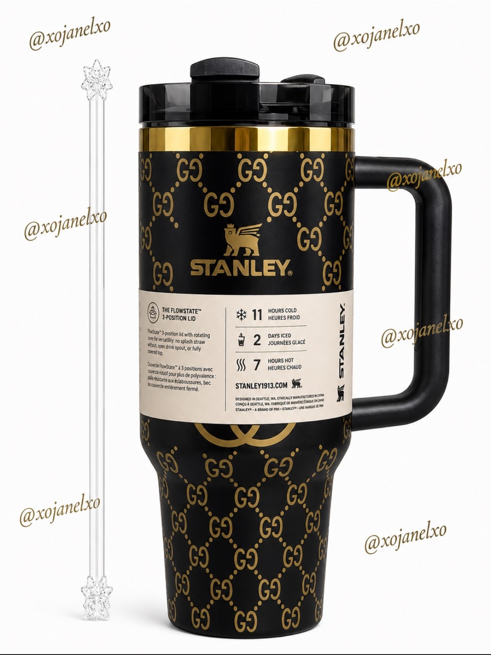 Stanley Black and Gold Patterned Travel Mug with Handle NEW